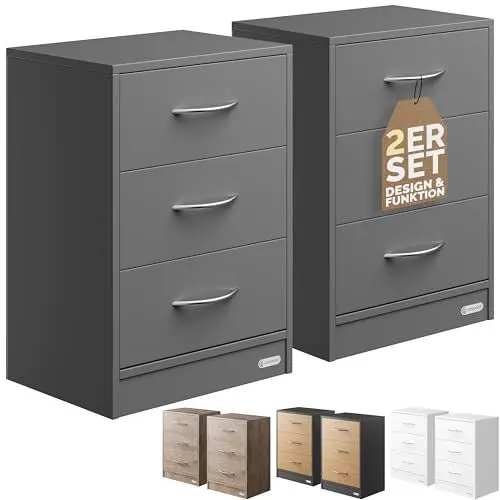 Produktbild: Casaria® Nachttisch 2er Set 54x39x28cm Holz 3 Schubladen Boxspringbett Schlafzimmer Wohnzimmer Beistelltisch Nachtschrank Nachtkästchen Tisch Grau