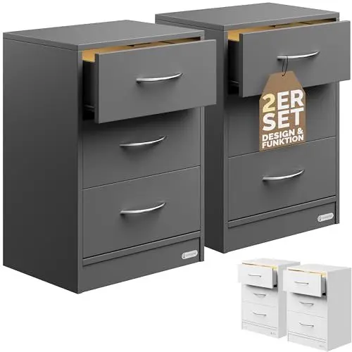 Produktbild: Casaria® Nachttisch 2er Set 54x39x28cm LED Holz 3 Schubladen Boxspringbett Schlafzimmer Wohnzimmer Beistelltisch Nachtschrank Nachtkästchen Tisch Grau