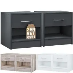 Produktbild: Casaria® Nachttisch 2er Set Anthrazit Schublade 41x39x28 cm Holz Ablage Modern Schlafzimmer Bett Nachtschrank Nachtkästchen Beistelltisch Nachtkommode