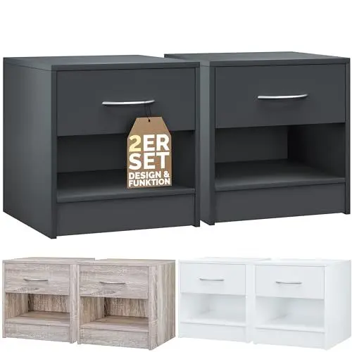 Produktbild: Casaria® Nachttisch 2er Set Anthrazit Schublade 41x39x28 cm Holz Ablage Modern Schlafzimmer Bett Nachtschrank Nachtkästchen Beistelltisch Nachtkommode