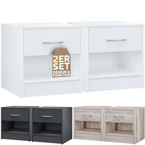 Produktbild: Casaria® Nachttisch 2er Set Weiß mit Schublade 41x 39x 28cm Holz Ablage Modern Schlafzimmer Bett Nachtschrank Nachtkästchen Beistelltisch Nachtkommode