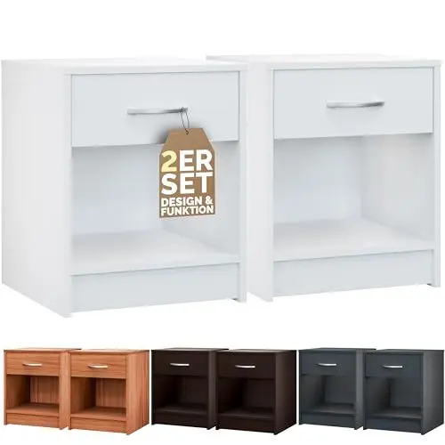 Produktbild: Casaria® Nachttisch Weiß 2er Set mit Schublade 50 cm Komforthöhe Boxspringbett Ablage Schlafzimmer Schrank Nachtkästchen Nachtkommode Holz 50x40x35 cm