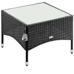 Produktbild: Casaria® Polyrattan Beistelltisch 58x58x42 cm Höhenverstellbare Füße 5mm Sicherheitsglas Wetterfest Gartentisch Balkontisch Kaffeetisch Outdoor Schwarz