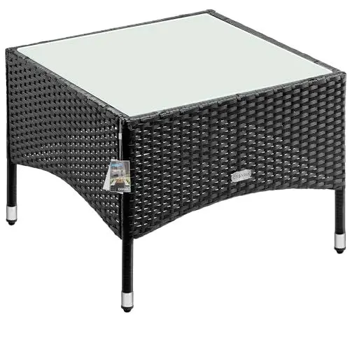 Produktbild: Casaria® Polyrattan Beistelltisch 58x58x42 cm Höhenverstellbare Füße 5mm Sicherheitsglas Wetterfest Gartentisch Balkontisch Kaffeetisch Outdoor Schwarz