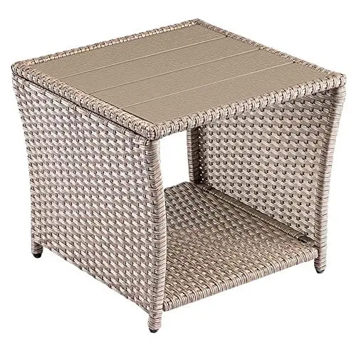 Produktbild: Casaria® Polyrattan Beistelltisch mit WPC Tischplatte 45x45x40cm 80 kg Belastbarkeit Wetterfest Outdoor Garten Terrasse Balkon Tisch Gartenmöbel Creme