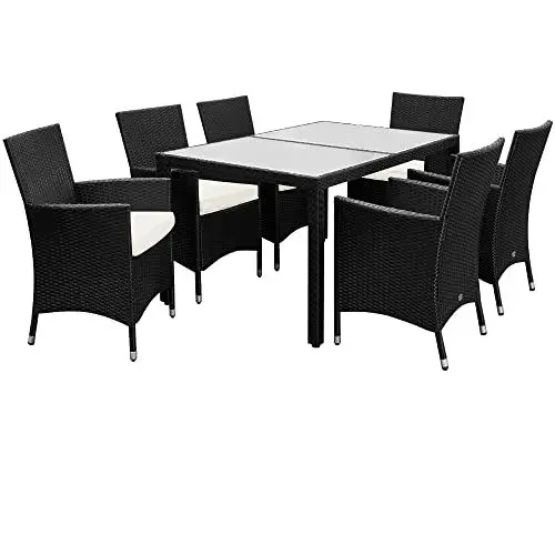 Produktbild: Casaria® Polyrattan Gartenmöbel Set 7 teilig Stühle stapelbar inkl. 7cm Auflagen 150x90cm Gartentisch Terrasse Balkon Möbel Sitzgruppe Essgruppe Schwarz