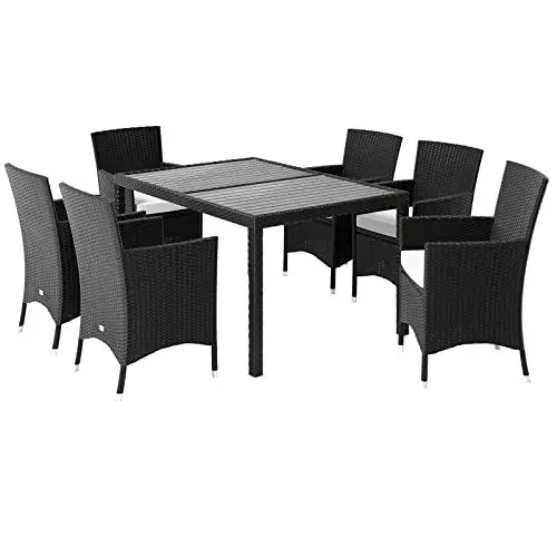 Produktbild: Casaria® Gartenmöbel Set 6 Stühle inkl. 7cm Polster Tisch 150x90cm Polyrattan wetterfest stapelbar Outdoor Balkon Terrasse 160kg belastbar modernes WPC Schwarz