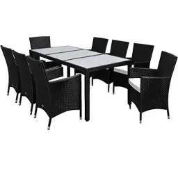 Produktbild: Casaria® Polyrattan Gartenmöbel Set 9 teilig Stühle stapelbar inkl. 7cm Auflagen 190x90cm Gartentisch Terrasse Balkon Möbel Sitzgruppe Essgruppe Schwarz
