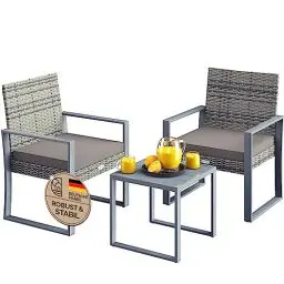 Produktbild: Casaria® Polyrattan Gartenmöbel WPC Tisch 160kg Belastbarkeit 2 Stühle Auflagen höhenverstellbare Füße Wetterfest Terrasse Balkon Möbel Lounge Set Grau