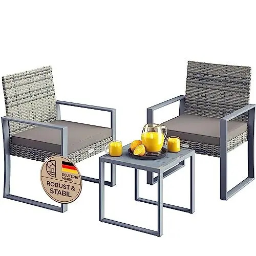 Produktbild: Casaria® Polyrattan Gartenmöbel WPC Tisch 160kg Belastbarkeit 2 Stühle Auflagen höhenverstellbare Füße Wetterfest Terrasse Balkon Möbel Lounge Set Grau