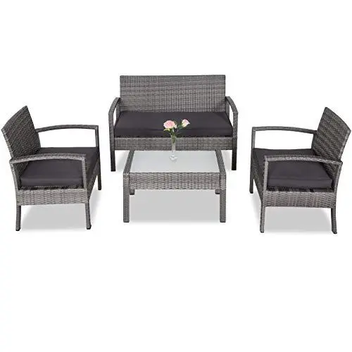 Produktbild: Casaria® Polyrattan Gartenmöbel mit Bank Tisch 2 Stühle inkl. Auflagen Sicherheitsglas Wetterfest Modern Outdoor Terrasse Balkon Möbel Lounge Set Grau