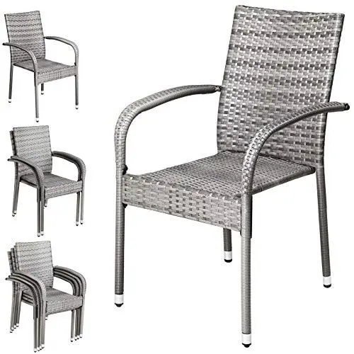 Produktbild: Casaria® Polyrattan Gartenstuhl 4er Set Stapelbar Höhenverstellbar 160 kg Belastbarkeit Armlehne Garten Balkon Terrasse Stapelstuhl Gartensessel Grau