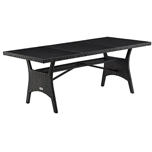 Produktbild: Casaria® Polyrattan Gartentisch Schwarz 190x90x74cm mit Ablage WPC-Tischplatte Höhenverstellbar Holzoptik Wetterfest Garten Terrasse Esstisch Gartenmöbel