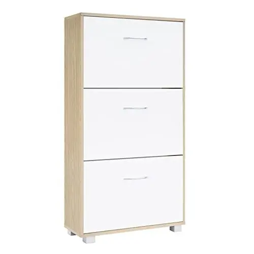 Produktbild: Casaria® Schuhschrank für 18 Paar Schuhe Schmal 115x60x25cm 3 Klappen Hoch Holz Geschlossen Kippsicherung Flur Diele Schuhkipper Schuhkommode Eiche Weiß