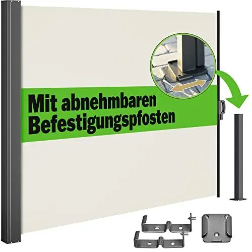 Produktbild: Casaria® Seitenmarkise Nosara 160x300cm Ausziehbar Blickdicht Sonnenschutz Markise Balkon Terrasse Garten Seitenrollo Sichtschutz Windschutz Creme
