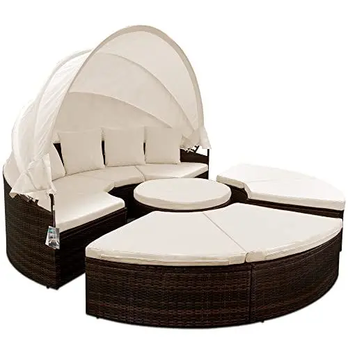 Produktbild: Casaria® Sonnenliege Sonneninsel 230cm XXL Extra Groß Wetterfest Mit Dach & 4 Kissen Relaxliege Gartenmöbel Set Auflagen Gartenliege Outdoor Polyrattan Braun