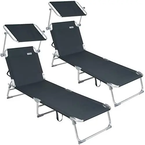 Produktbild: Casaria® 2er Set Sonnenliege Aluminium Klappbar Wetterfest Gartenliege Mit Dach 150 kg Belastbar 190 x 60 cm Liegestuhl Leicht Relaxliege Pool Grau