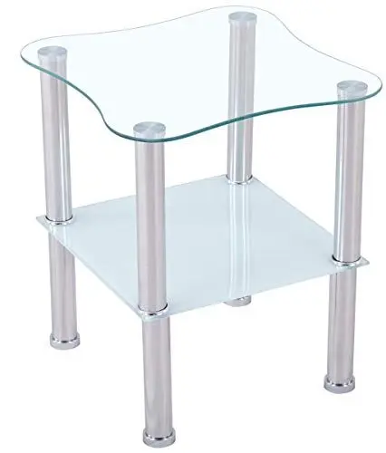 Produktbild: Euro Tische Beistelltisch aus Glas mit Ablage Satiniert abgerundet - 2-Ebenen-Design, Sicherheitsglas & Edelstahlbeine - abgerundet oder eckig - Glasplatte 6mm - Schwarz Satiniert - Glas Couchtisch