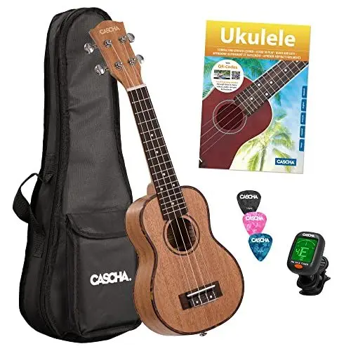 Produktbild: Cascha Sopran Ukulele Set Kinder Erwachsene I Ukulele Starter Kit 3 Plektren Tasche deutsches Lehrbuch Stimmgerät I Sopran Ukulele Mahagoni I Kleine Hawaii Gitarre für Anfänger Fortgeschrittene