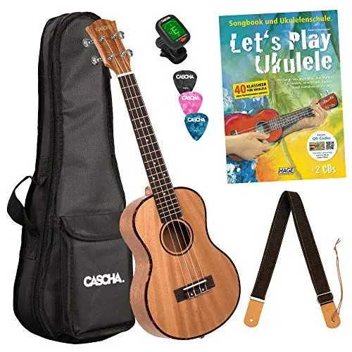 Produktbild: Cascha Tenor Ukulele Set Kinder Erwachsene I Ukulele Starter Kit 3 Plektren Tasche Gurt Lehrbuch Stimmgerät I Tenor Ukulele Premium Mahagoni I Kleine Hawaii Gitarre für Anfänger Fortgeschrittene