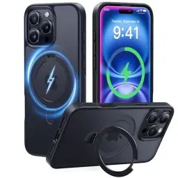 Produktbild: CASEKOO MagicStand für iPhone 16 Pro Max Hülle mit MagSafe (Unsichtbarer Ständer) (MIL-STD-810H Militärstandard) Stoßfeste Schutzhülle Dünne Griffige Matte Handyhülle iPhone 16 Pro Max Case - Schwarz