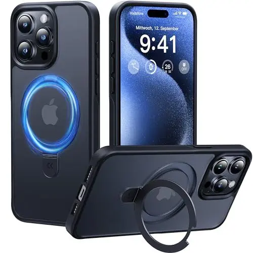 Produktbild: CASEKOO 2024 Neu Magic Stand für iPhone 15 Pro Hülle für MagSafe (Militärschutz) (Unsichtbarer Ständer) Stoßfeste Kratzfeste Schutzhülle Dünne Griffige Handyhülle Matte Case - Edel Schwarz