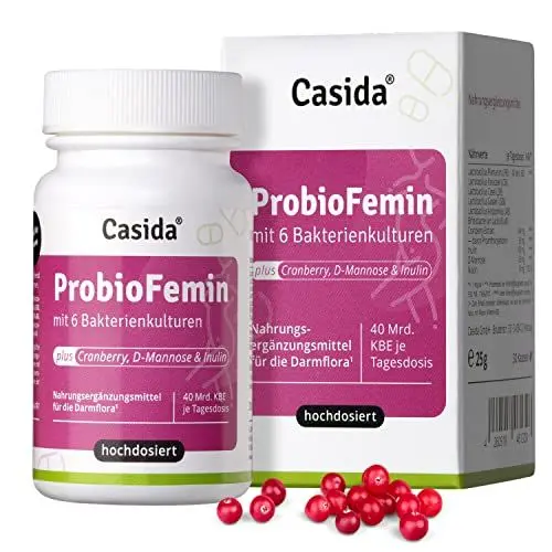 Produktbild: Casida® ProbioFemin Kapseln mit 6 Bakterienkulturen (40 Mrd KBE) plus Cranberry, D-Mannose & Inulin - Ideal für FRAUEN - Optimale Kombination für die weibliche Gesundheit - Aus der Apotheke - 30 Kps.