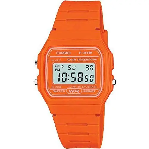 Produktbild: Casio Unisex Quartz Armbanduhr, 37.00mm GehäusegröÃŸe mit LCD digital Zifferblatt und orange Rubber Strap Armband F-91WC-4A2EF