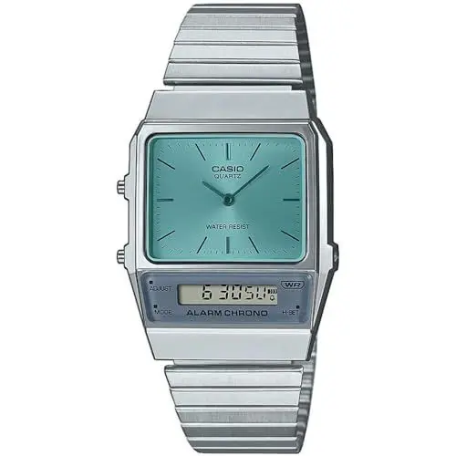 Produktbild: Casio Damen Quartz Armbanduhr, 32.00mm GehäusegröÃŸe mit blau analog/digital Zifferblatt und Silber Metallarmband Armband AQ-800EC-2AEF