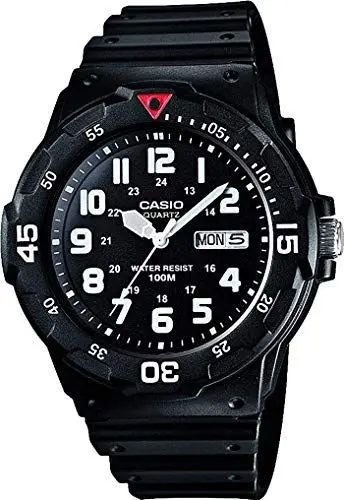 Produktbild: Casio Herren Quartz Armbanduhr, 43.00mm GehäusegröÃŸe mit schwarz analog Zifferblatt und schwarz Rubber Strap Armband MRW-200H-1BVES