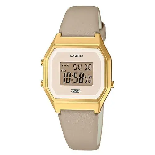 Produktbild: Casio Damen Quartz Armbanduhr, 29.00mm GehäusegröÃŸe mit cremefarben digital Zifferblatt und Champagner Lederarmband Armband LA680WEGL-5EF