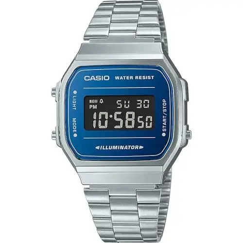 Produktbild: Casio Unisex Quartz Armbanduhr, 38.60mm GehäusegröÃŸe mit blau digital Zifferblatt und Silber Metallarmband Armband A168WEM-2BEF