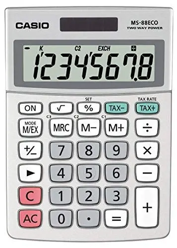Produktbild: Casio Tischrechner MS-88ECO, 8-stellig, umweltfreundlich, Währungsumrechnung, Aluminiumfront, Solar-/Batteriebetrieb, farbe