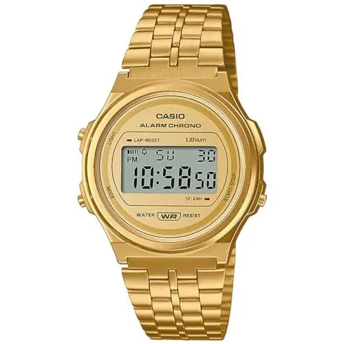 Produktbild: Casio Unisex Quartz Armbanduhr, 38.80mm GehäusegröÃŸe mit Gold digital Zifferblatt und Gold Metallarmband Armband A171WEG-9AEF