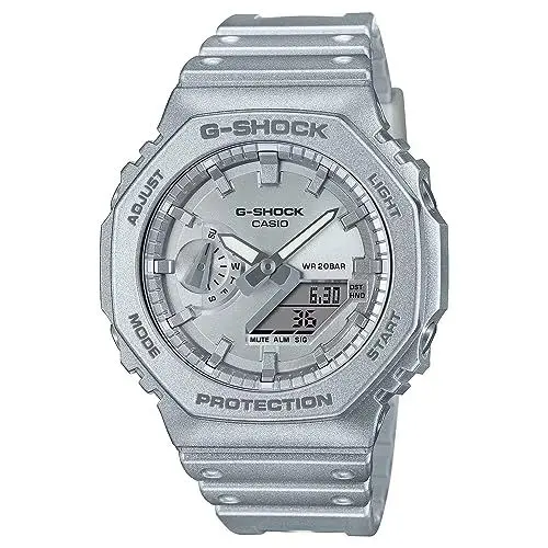 Produktbild: Casio Unisex Quartz Armbanduhr, 48.50mm GehäusegröÃŸe mit Silber analog/digital Zifferblatt und Silber Plastic/Resin Strap Armband GA-2100FF-8AER
