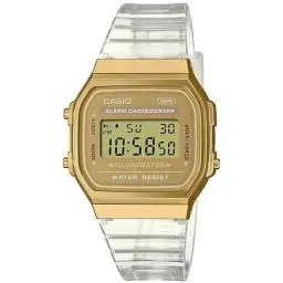 Produktbild: Casio Unisex Quartz Armbanduhr, 36.00mm GehäusegröÃŸe mit Gold digital Zifferblatt und transparent Plastic/Resin Bracelet Armband A168XESG-9AEF
