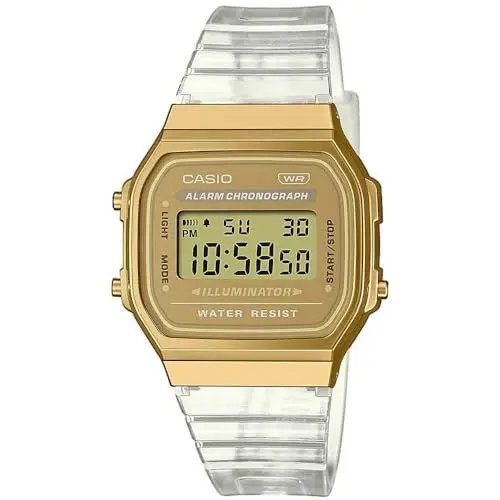 Produktbild: Casio Unisex Quartz Armbanduhr, 36.00mm GehäusegröÃŸe mit Gold digital Zifferblatt und transparent Plastic/Resin Bracelet Armband A168XESG-9AEF
