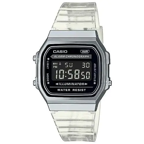 Produktbild: Casio Unisex Quartz Armbanduhr, 36.00mm GehäusegröÃŸe mit schwarz digital Zifferblatt und transparent Plastic/Resin Bracelet Armband A168XES-1BEF