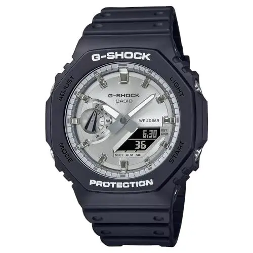 Produktbild: Casio Unisex Quartz Armbanduhr, 48.50mm GehäusegröÃŸe mit Silber analog/digital Zifferblatt und schwarz Plastic/Resin Strap Armband GA-2100SB-1AER