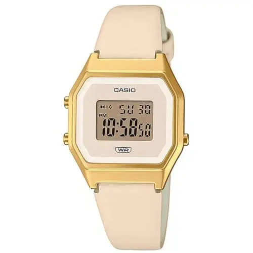 Produktbild: Casio Damen Quartz Armbanduhr, 29.00mm GehäusegröÃŸe mit cremefarben digital Zifferblatt und cremefarben Lederarmband Armband LA680WEGL-4EF