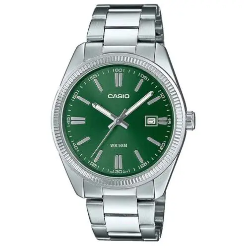 Produktbild: Casio Unisex Quartz Armbanduhr, 39.00mm GehäusegröÃŸe mit grün analog Zifferblatt und Silber Metallarmband Armband MTP-1302PD-3AVEF
