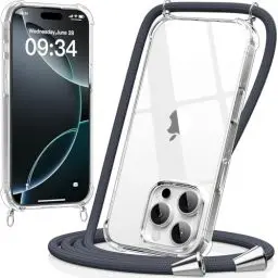 Produktbild: caslord Handykette kompatibel mit iPhone 16 Pro 6,3 Zoll, Necklace Hülle mit Bands Handyhülle für zum Umhängen, Transparent Case mit Handykordel,Stoßfeste Schutzhülle zum Umhängen Kordel,Dunkelgrau
