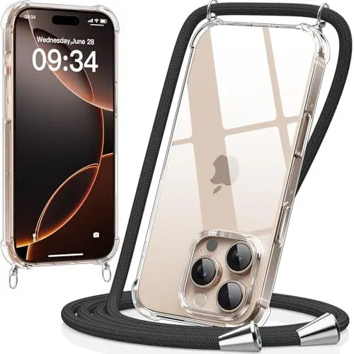 Produktbild: caslord handyband kompatibel mit iPhone 16 Pro 6,3 Zoll, Necklace Hülle mit Bands Handyhülle für zum Umhängen, Transparent Case mit Handykordel,Stoßfeste Schutzhülle zum Umhängen Kordel,Schwarz