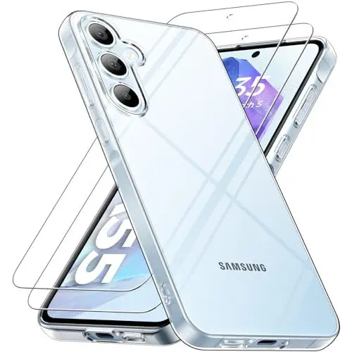 Produktbild: caslord Hülle für Samsung Galaxy A55 5G, 1 Handyhülle mit 2 Stück Hartglas, Weiche TPU Transparent Stoßfest Schutzhülle Durchsichtige Kratzfest Handyhülle Case Cover