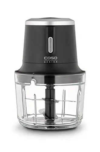 Produktbild: CASO Chop & Go – kabelloser Design Zerkleinerer mit 4 Edelstahlklingen, flexibel und überall einsatzbereit, bis zu 60 Min. Laufzeit, 2.300 U/min, vielseitiges Zubehör, Schwarz