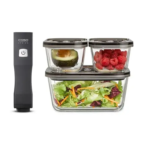 Produktbild: CASO Vacu OneTouch Eco-Set, Handvakuumierer inkl. 3 Vakuumbehälter aus Glas, 10 ZIP-Beutel und Food Manager Sticker, kabellos, bis zu 150 Minuten Laufzeit, aufladbar, Schwarz
