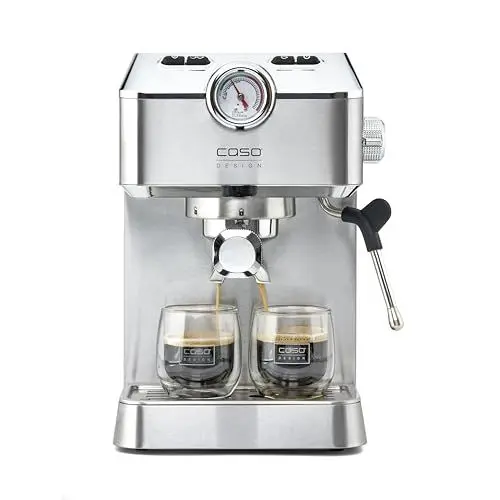 Produktbild: Caso Espresso Gourmet - Siebträgermaschine aus Edelstahl, leistungsstarke 19 bar Ulka-Pumpe, mit Milchaufschäumer, für Kaffeepulver oder ESE Kaffeepads, für 2 Tassen, mit Tassewärmeplatte