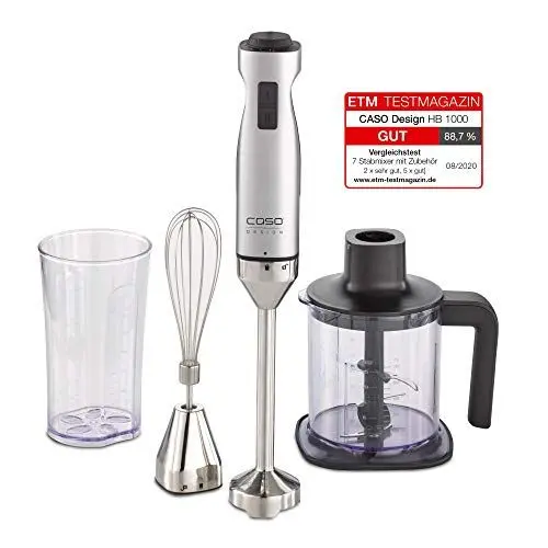 Produktbild: Caso HB 1000 Design Stabmixer inkl. Pürierstab, Testsieger: Haus & Garten Test, Schneebesen, Messbecher und Behälter, 1000 Watt, Aluminium, Silber, Schwarz