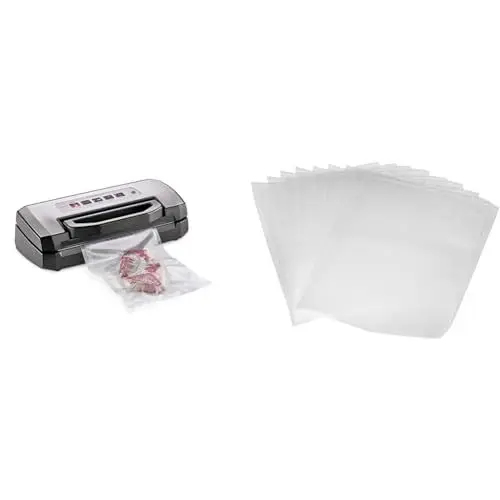 Produktbild: Caso VRH 490 Advanced Vakuumierer - Folienschweißgerät & Amazon Basics Vakuumierbeutel 22cm x 30 cm, 50 Stück
