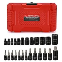 Produktbild: CASOMAN 25 Piece Torx Bit Socket and Female External Socket Set, 13 Star Socket Bits (T8- T60)& 12 Female E-Torx Sockets (E4-E22)